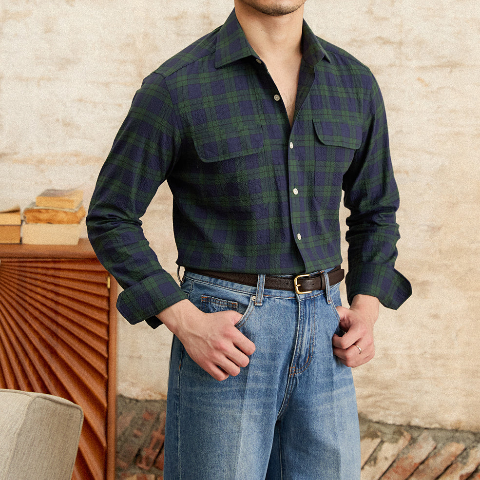 Summer Plaid Casual Shirt Seersucker