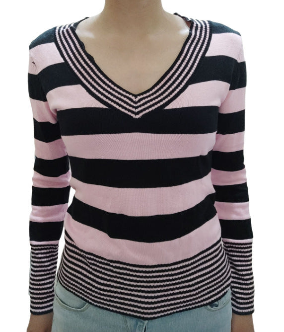 Women's Striped Peach Collar Tight Flared Sleeve Sweater