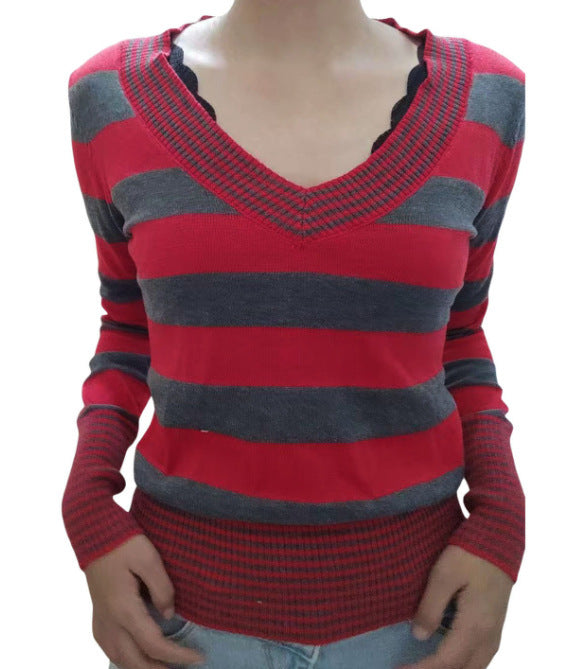 Women's Striped Peach Collar Tight Flared Sleeve Sweater