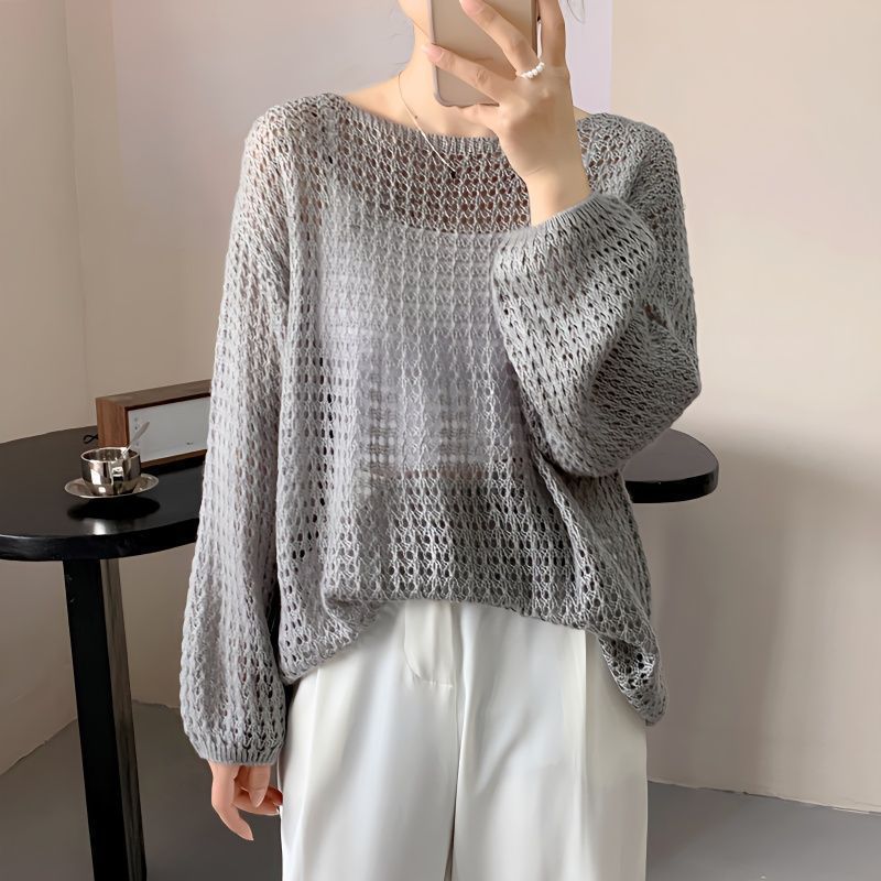 Hollow-out Long-sleeved Sweater Thin Breathable Crew Neck Pullover Sweater