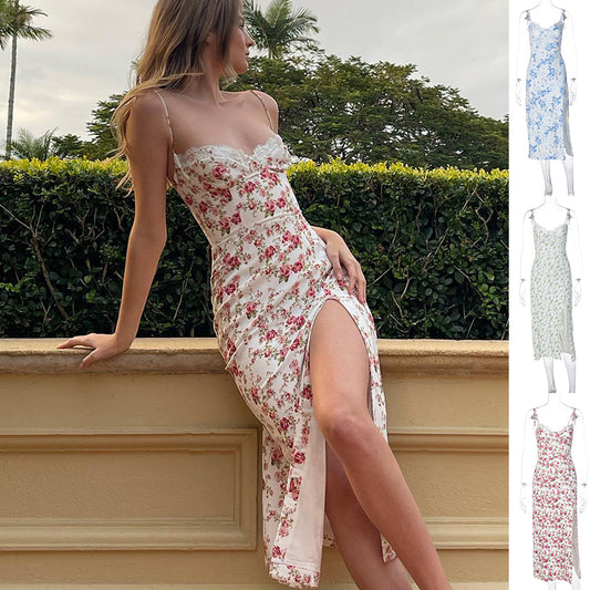 Vestido largo con estampado de flores de encaje con tirantes y abertura para mujer