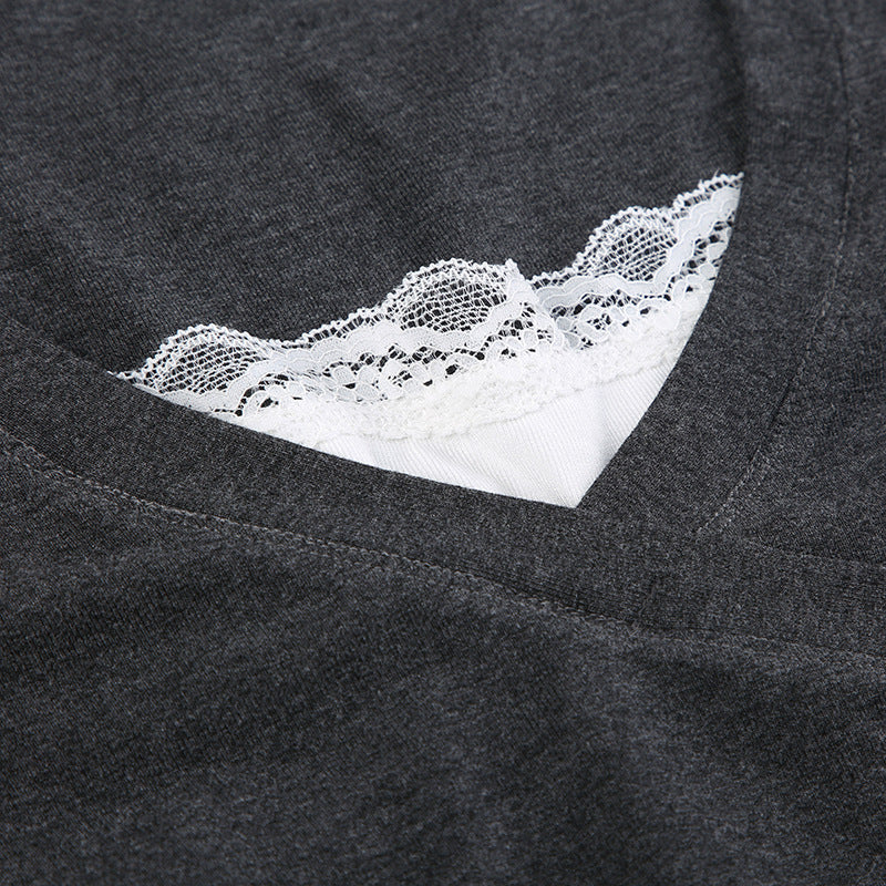 Women's V-neck Lace Stitching T-shirt Hot Girl Knitted Top