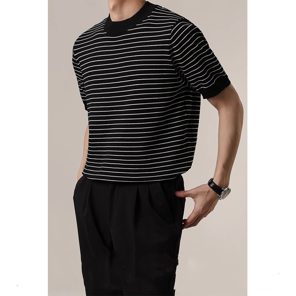 Advanced Trendy Heavy Loose Men's T-shirt Round Neck Striped