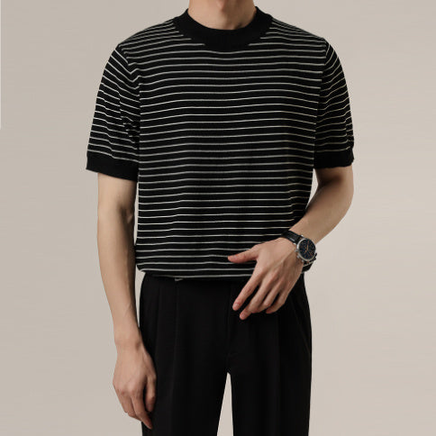 Advanced Trendy Heavy Loose Men's T-shirt Round Neck Striped