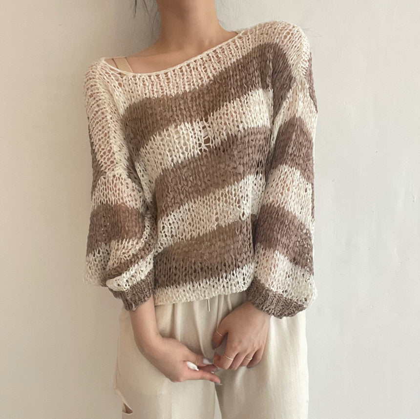 Off-shoulder Drop-shoulder Sleeve Mixed Color Stripe Hollow Sun Protection Thin Sweater