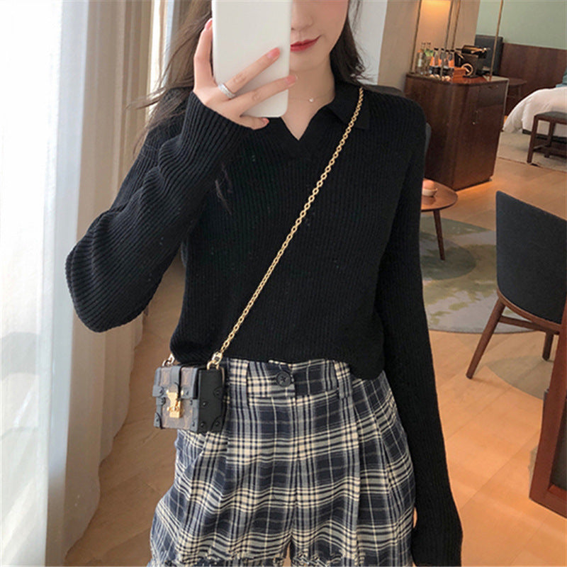 V-neck Long-sleeved Sweater Women's Lapel Polo Collar Sweater