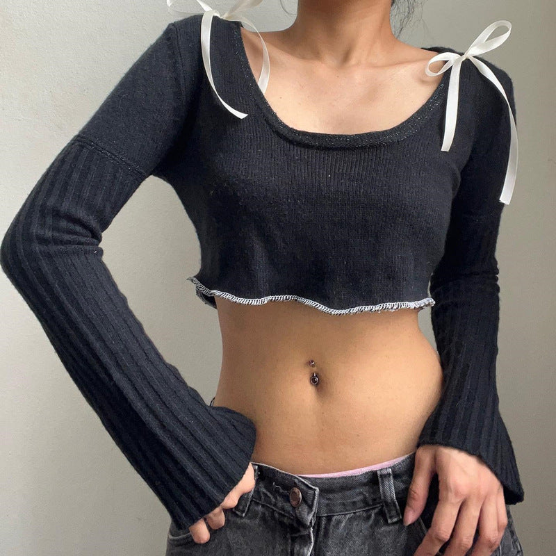 Crop top de manga larga con cuello cuadrado para mujer