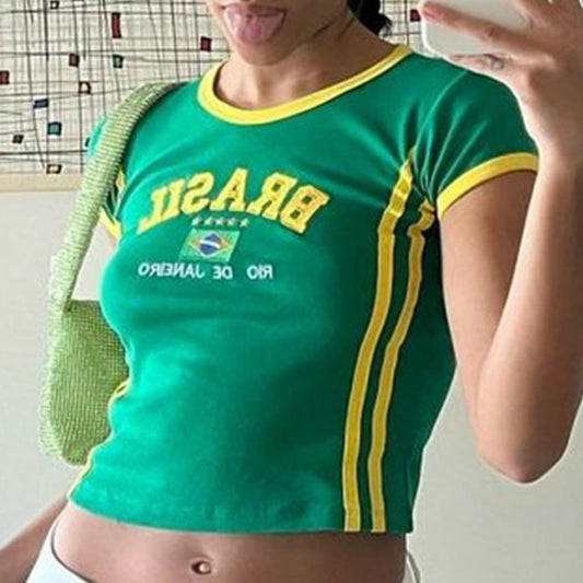 Crop Top Retro Verde Verano Bordado