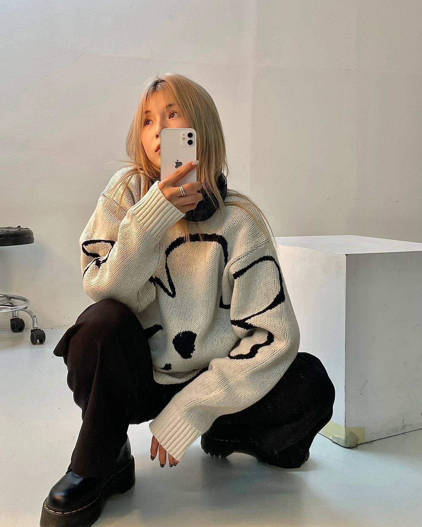 Black And White Round Neck Loose Oversized Sweater