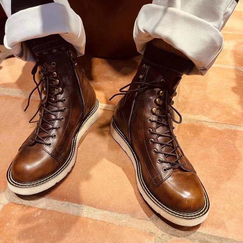 Botines de cuero de caña media alta de cuero de terciopelo estilo británico para hombre