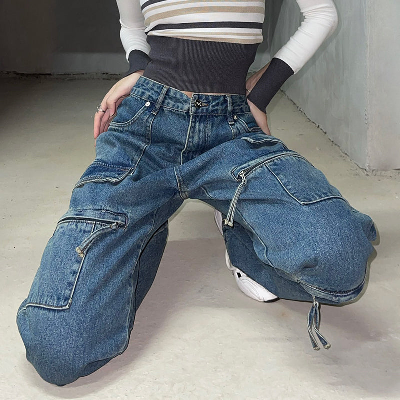 Jeans con múltiples bolsillos y pierna recta de tendencia para mujer