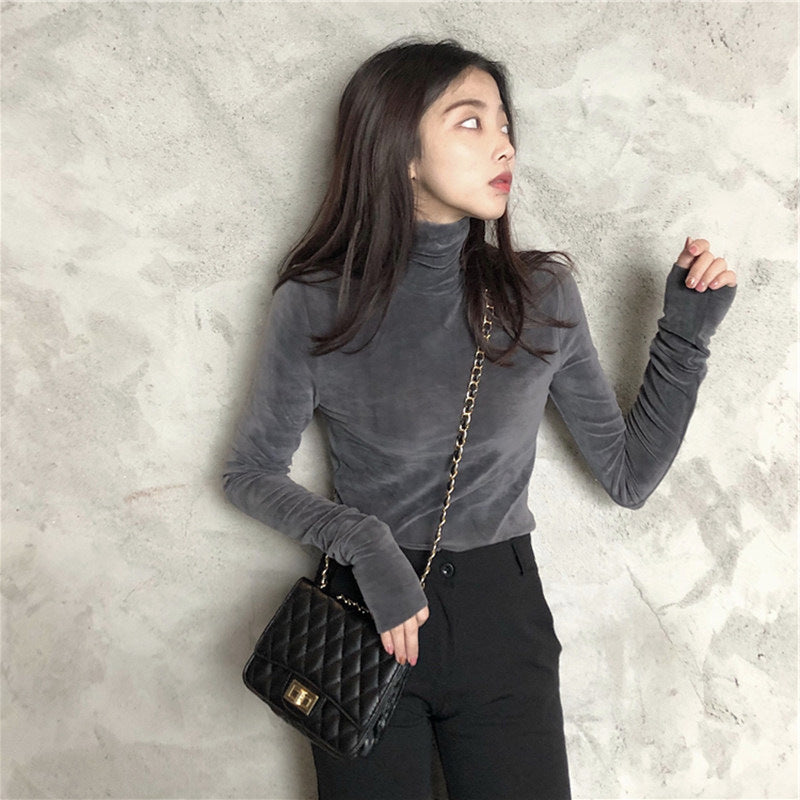 Fleece-lined Thick Long-sleeved T-shirt Keep Warm Inner Match Turtleneck Top