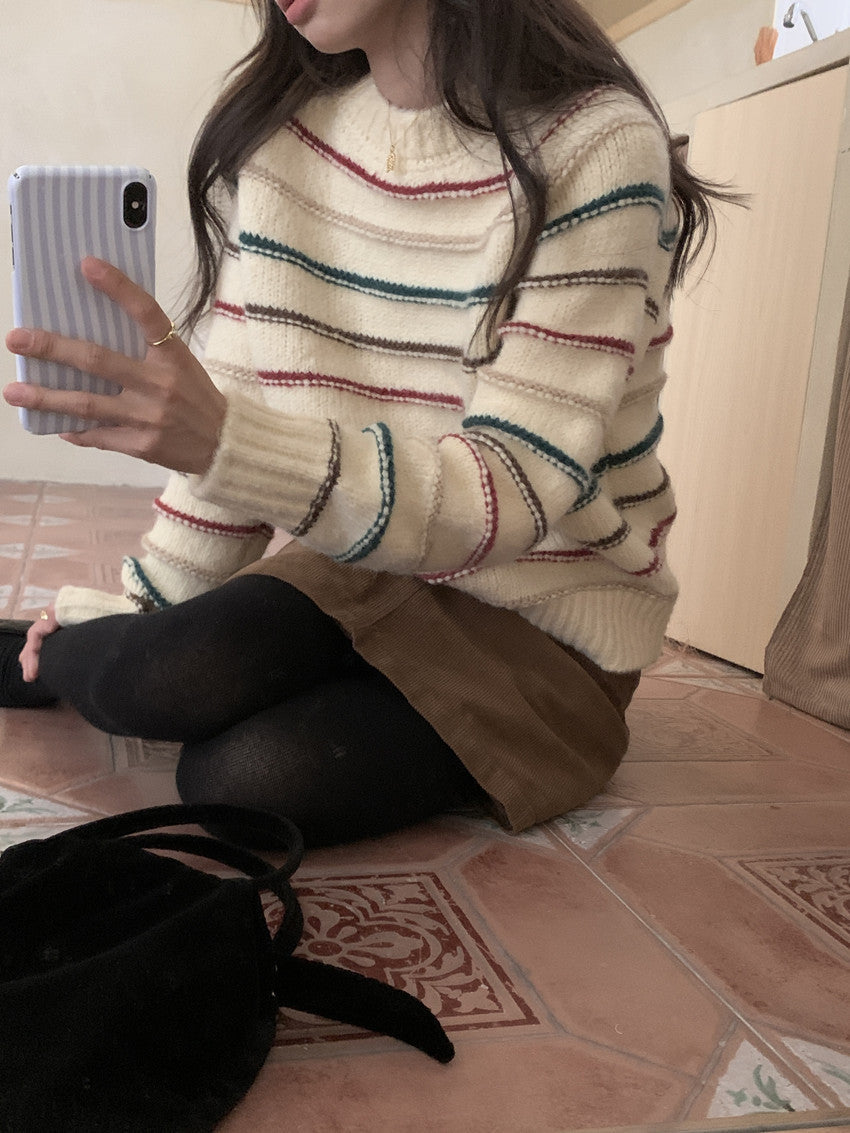 Colorful Striped Soft Glutinous Knitted Round Neck Pullover All-matching Long Sleeve Sweater