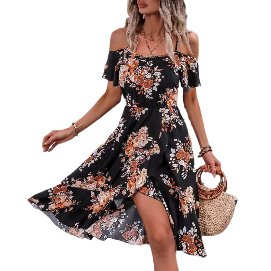 Off-neck Summer Printed Elastic Waist Sling Dress