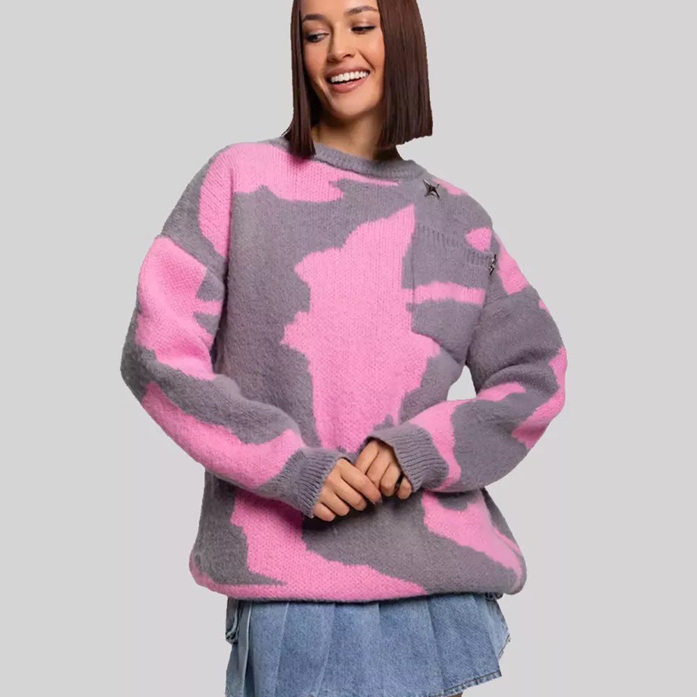 Contrast Color Round Neck Plus Size Women's Loose Sweater