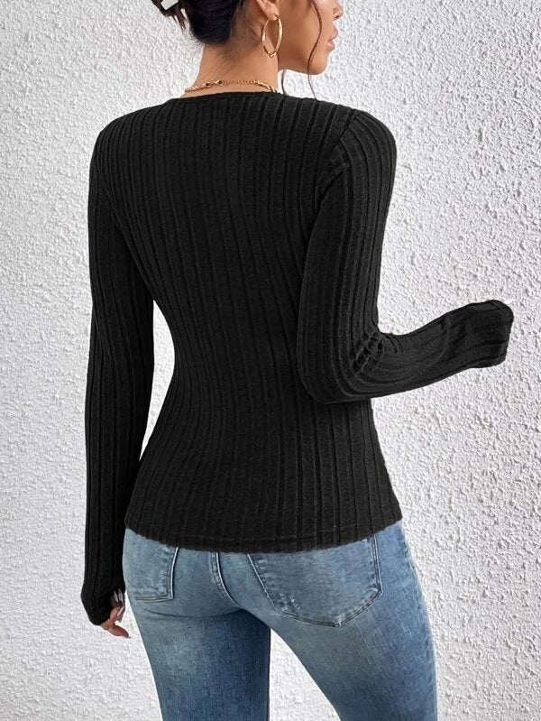 V-neck Long-sleeved Knitted T-shirt Top