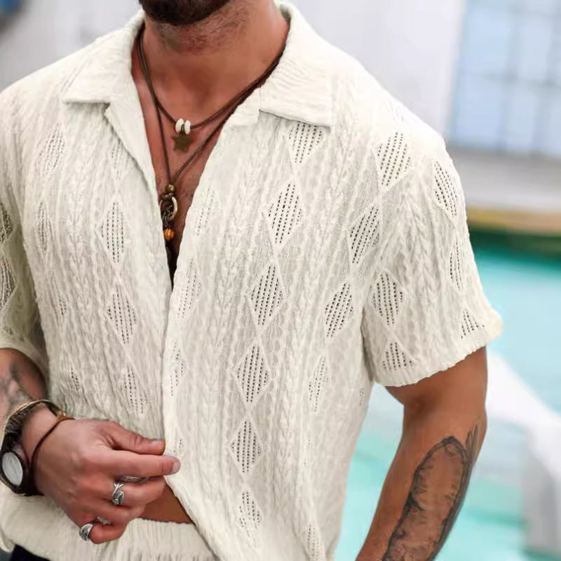 Camisa casual transparente con encaje de color sólido para hombre