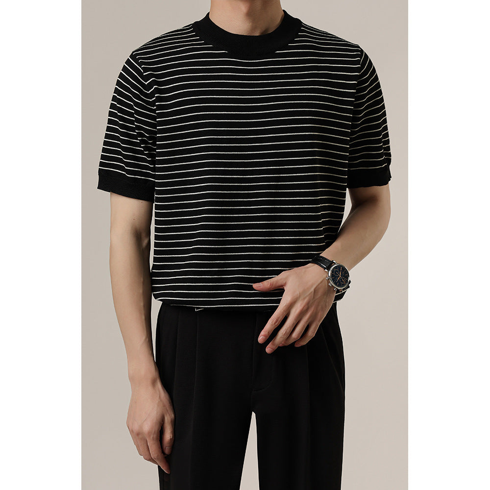 Advanced Trendy Heavy Loose Men's T-shirt Round Neck Striped