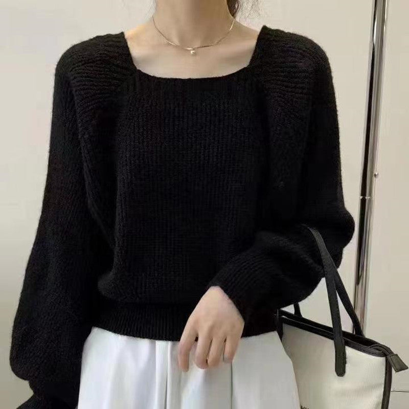 Retro Square Collar Off-shoulder Pullover Loose Casual Long Sleeves Knitwear