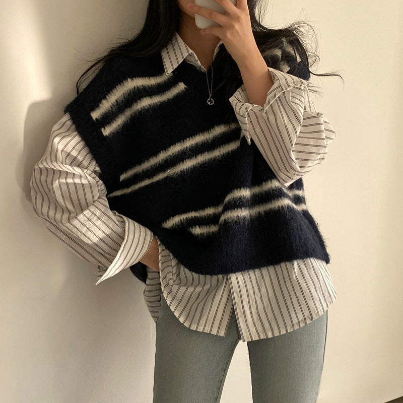 Contrast Color Striped V-neck Wool Vest Loose Pullover Knitting Vest