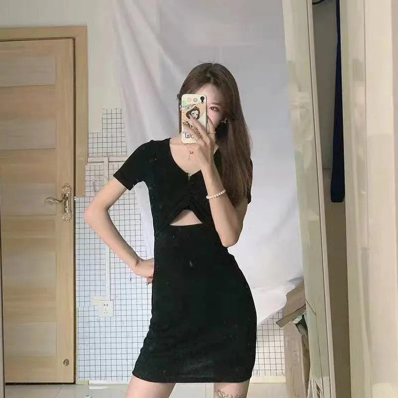 Navel Slimming Hollow Out V-neck Short Sleeve Dress