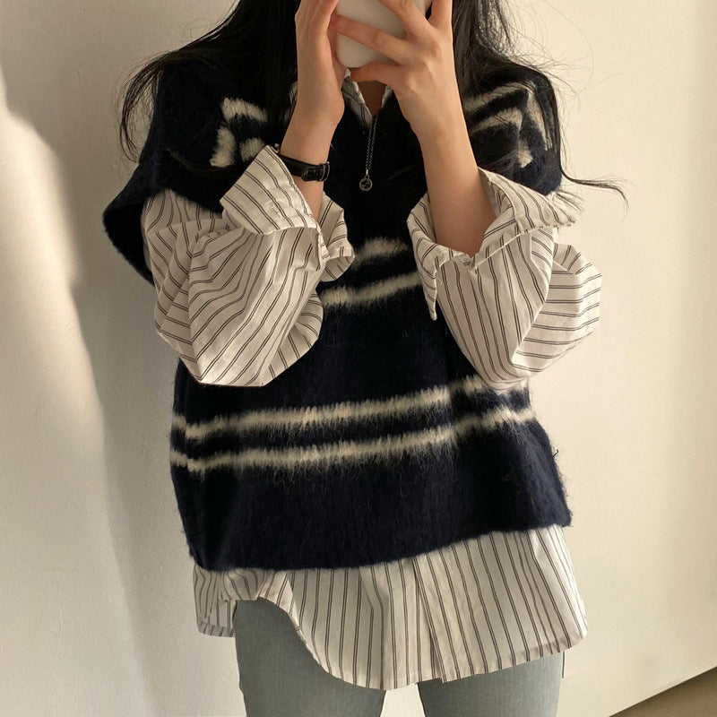 Contrast Color Striped V-neck Wool Vest Loose Pullover Knitting Vest