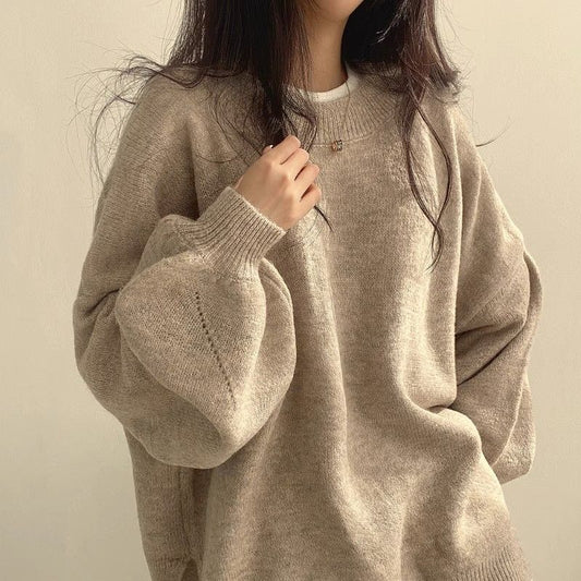 Temperament Crew Neck Pullover Lantern Sleeve Loose Sweater For Women