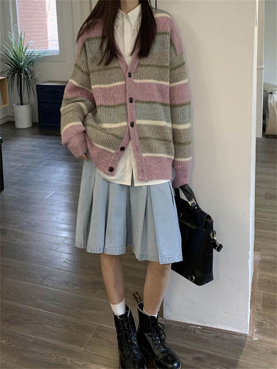 V-neck Japanese Lazy Style Retro Striped Sweater Coat Women