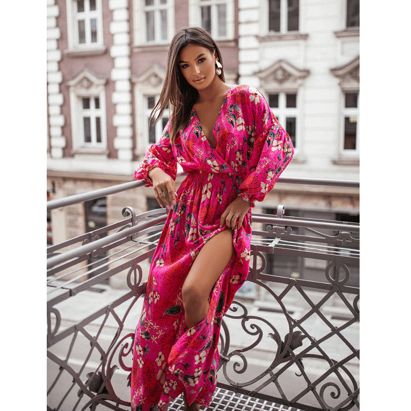 Women's Fashion Long Sleeve V-neck Split Print Dress