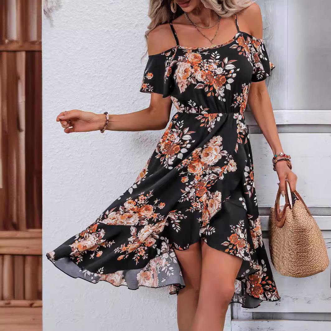 Off-neck Summer Printed Elastic Waist Sling Dress