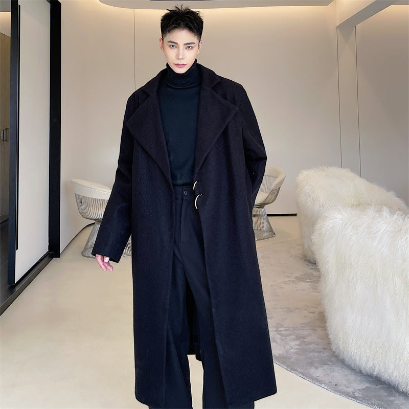 Men's Long Woolen Coat With Big Metal Circle