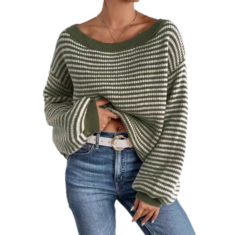 Women's Off-neck Shoulder-baring Sweater Contrast Color