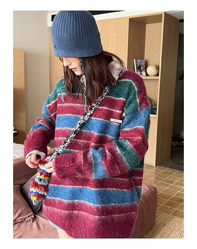 Retro Contrast Color Striped Lazy And Loose Sweater