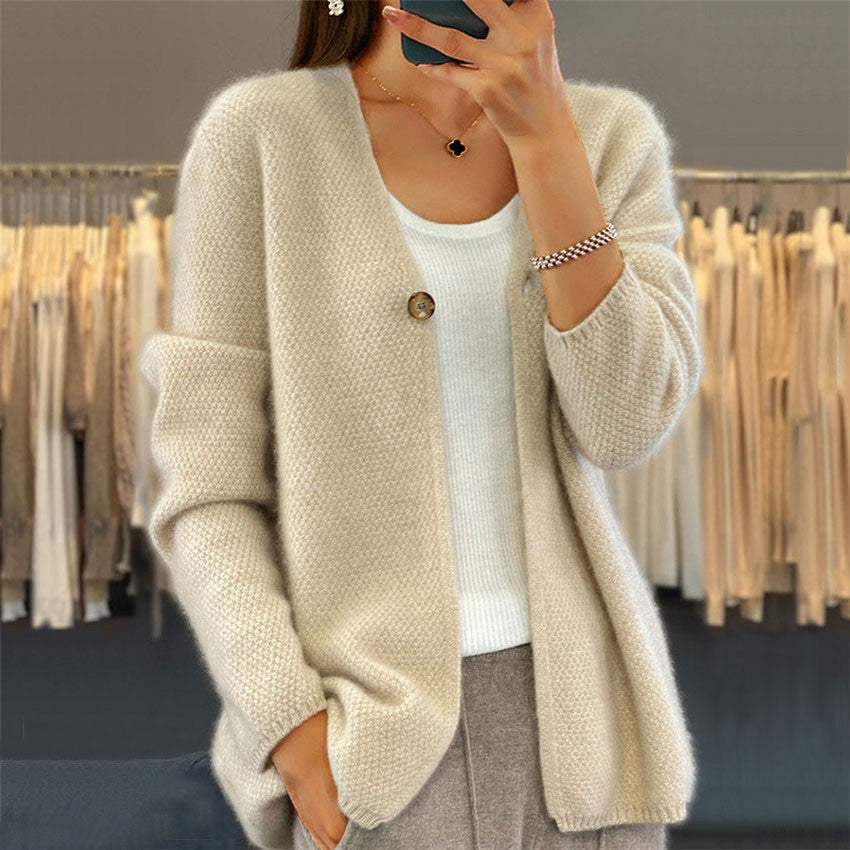 Women's V-neck Solid Color Long-sleeved Knitted Cardigan