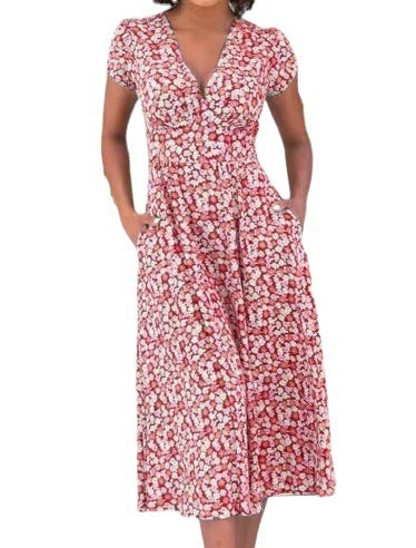 Women's Printed Pocket Bohemian V-neck Dress