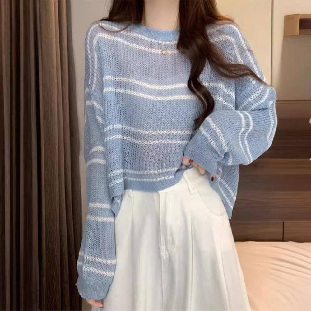 Striped Thin Sweater Loose Hollow-out Short Top