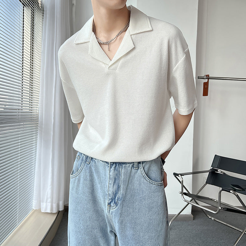 Ins Springsummer Plain Short Sleeve Polo Knitted Loose Drop-shoulder Sleeve Half Sleeve