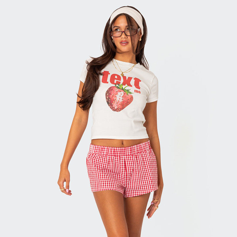 Crop top cuello redondo manga corta con estampado para mujer