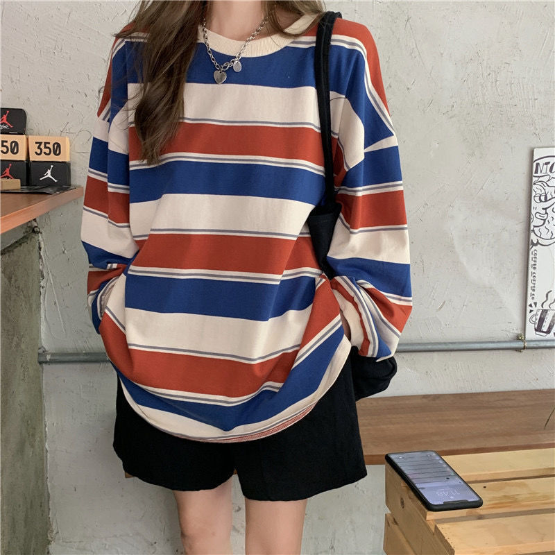 New Korean Style Loose-fitting Striped Long Sleeves T-shirt For Women