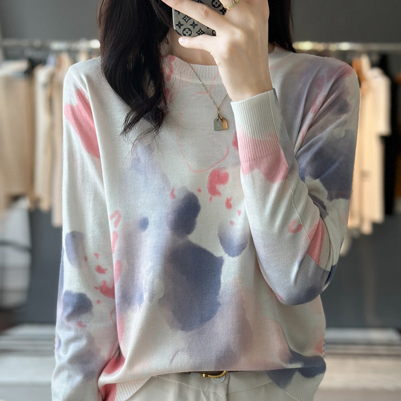 Round Neck Printed Silk Worsted Wool Sweater Pullover