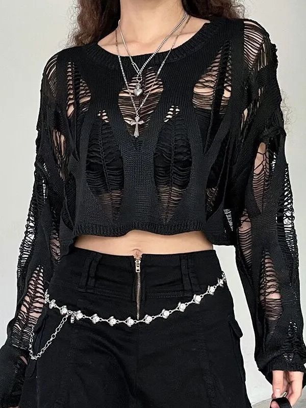 Women's Hot Girl See-through Ripped Pullover Sweater