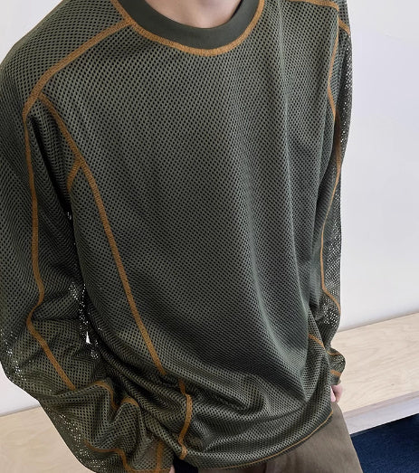 Retro Easy Matching Army Green Mesh Orange Open Line Long Sleeve