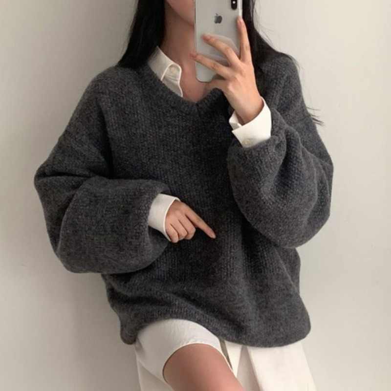 Coarse Yarn Loose Pullover V-neck Knitted Sweater