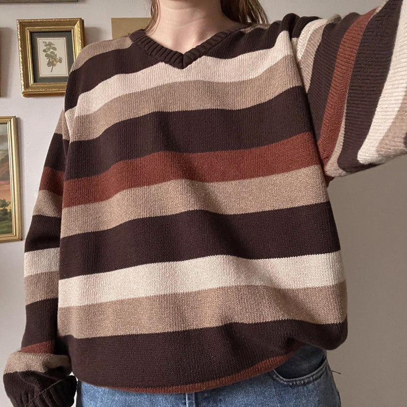 Niche Lazy Colorful Striped V-neck Patchwork Loose Pullover Woolen Top