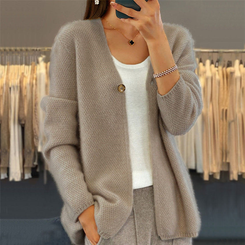 Women's V-neck Solid Color Long-sleeved Knitted Cardigan