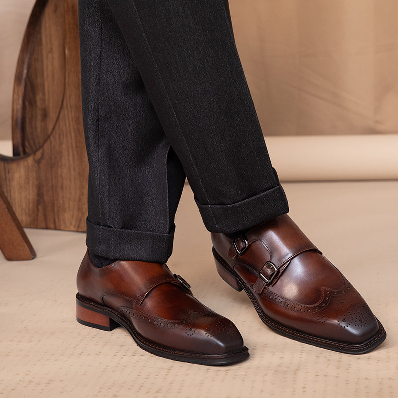 Zapatos de punta cuadrada de cuero británico para hombre