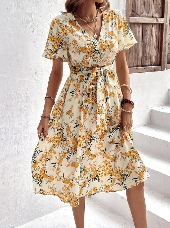 Women's Clothing Bohemian Spring And Summer Elegant Floral Print Lace-up Dress