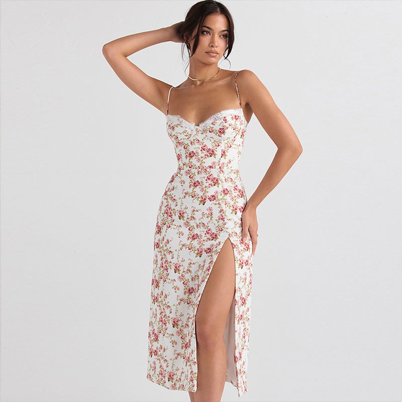 Vestido largo con estampado de flores de encaje con tirantes y abertura para mujer