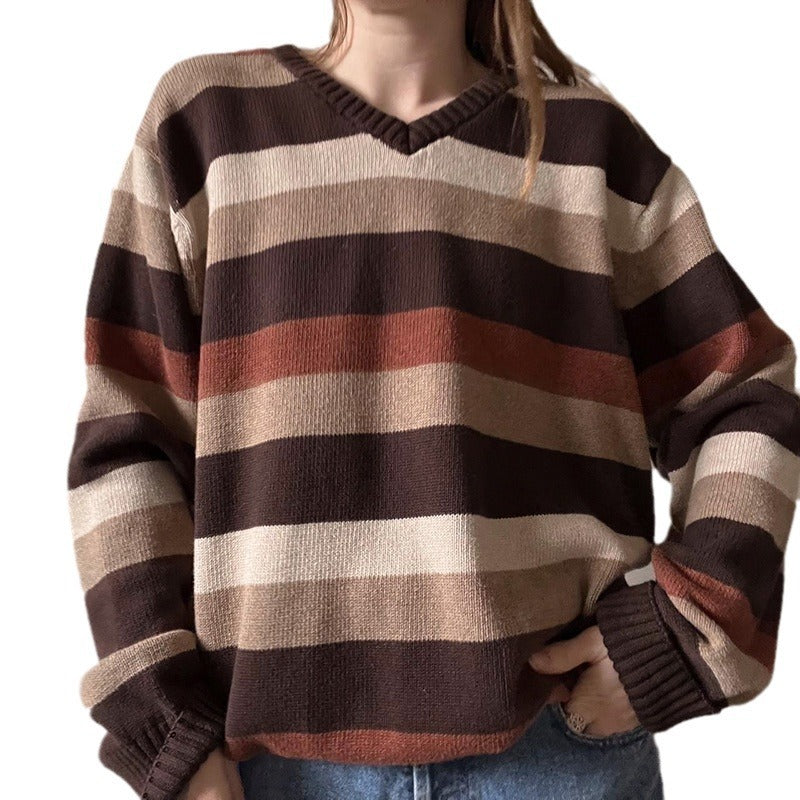 Niche Lazy Colorful Striped V-neck Patchwork Loose Pullover Woolen Top