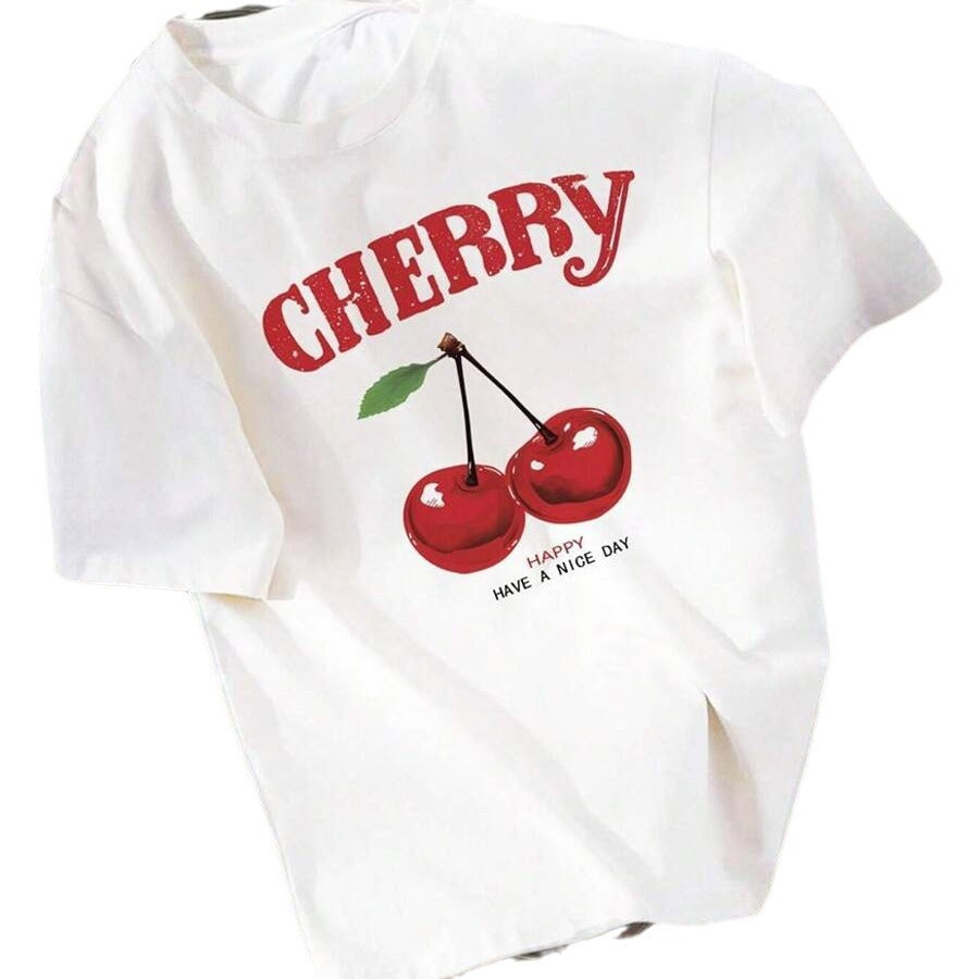 Oversized Cherry Print White Round Neck Short Sleeve